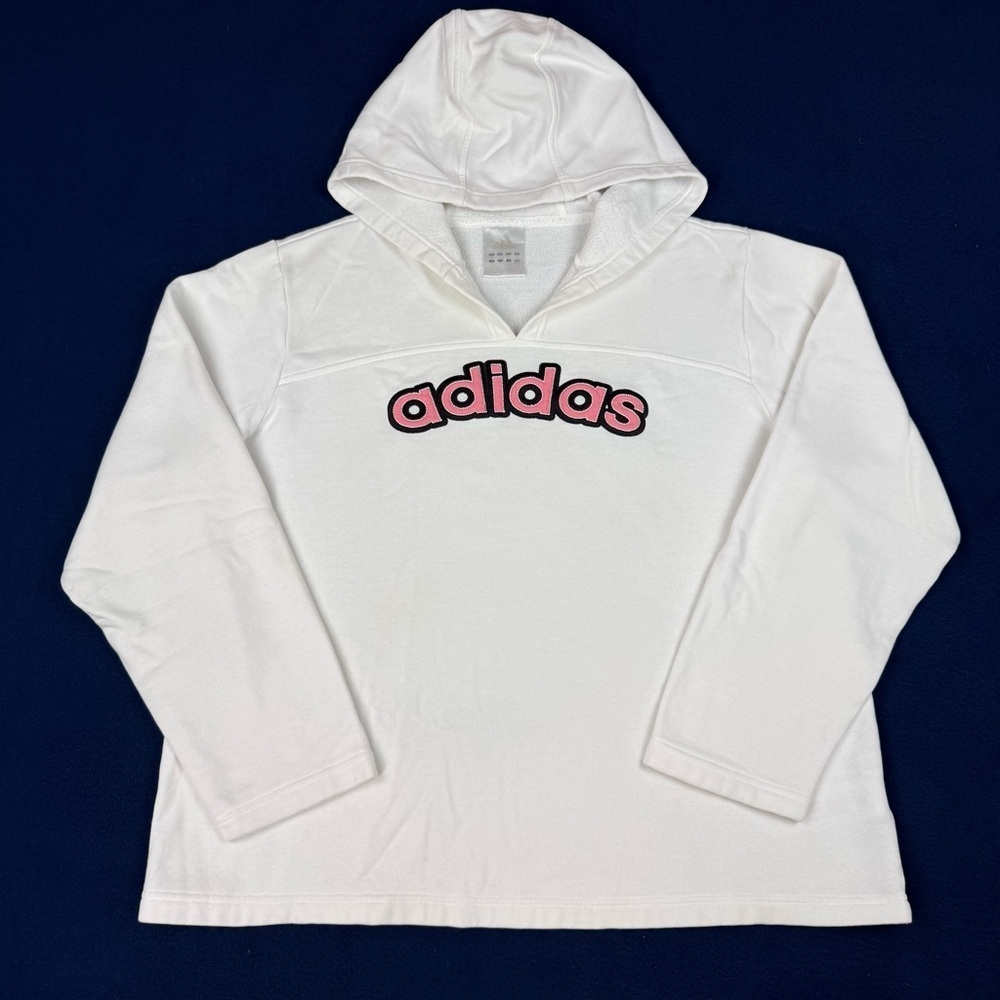 Y2K Adidas White Hooded Sweatshirt Pink Logo Womens XL Hoodie V-Neck Y2K logo
